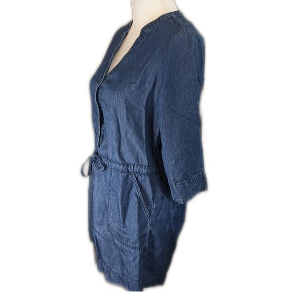 Express blue chambray button up 3/4 sleeve romper, denim, elastic & drawstring S - Picture 3 of 8